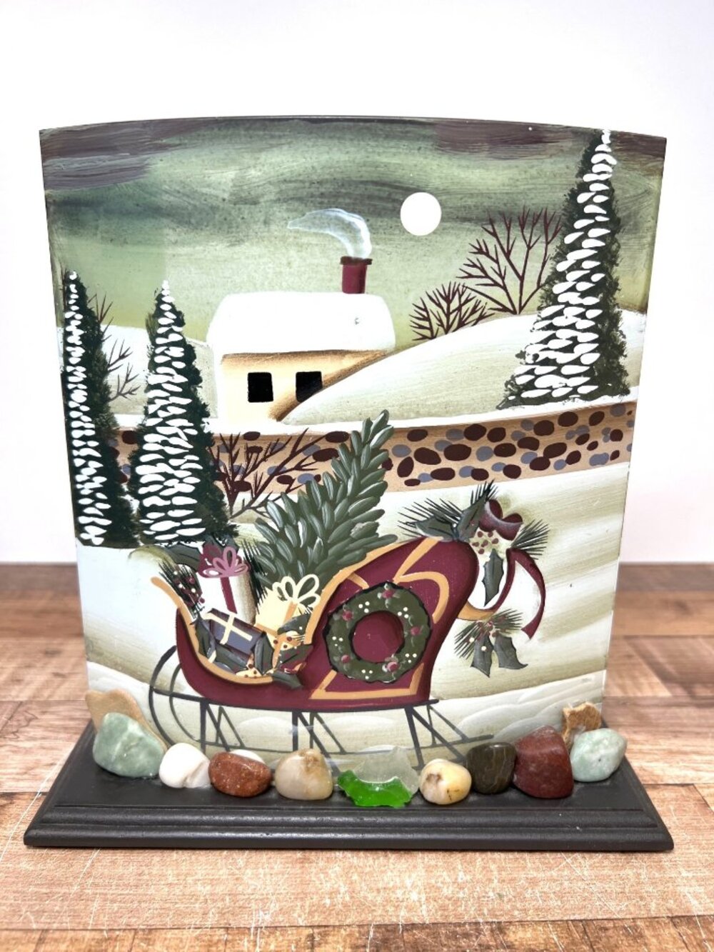 Winter Scene Painted Glass Votive Holder Decorative Stones & Wooden Base Holiday